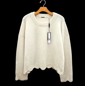 Elie Tahari Scalloped Chunky Knit Alpaca Wool Luxury Pullover Sweater Sz L